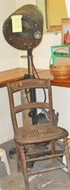 OLD FLOOR HAIR DRYER WORKS AND CANE BOTTOM CHAIR THAT NEEDS TLC