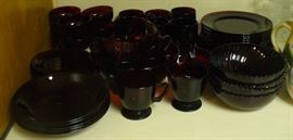 RUBY RED DINNERWARE SET ON THE KITCHEN COUNTER TUCKED AWAY AT THE END FOR SAFE KEEPING.