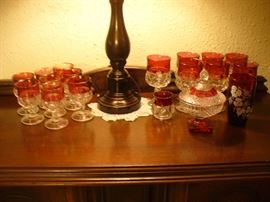 GOBLETS, COVERED CANDY DISH, TOOTHPICK HOLDER AND FLORAL GLASS  TO GO WITH THE RUBY DINNERWARE BUT SOLD SEPERATELY