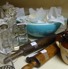 PYREX 4 PC BOWL SET SET ASIDE AT FRONT DESK TO PREVENT DAMAGE.  ASK TO SEE.  FOR SERIOUS BUYERS WHO KNOW WHAT THIS SET IS WORTH. PARTIAL VIEW OF THE CRUET SET ON THE LEFT AND SOME OLD ROLLING PINS
