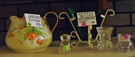 LIMOGES P ITCHER, ART GLASS IN WIRE RACK AND MISC GLASS