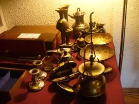 MISC BRASS PIECES AND TWO LIGHTERS AND THE BOX WITH THE FLATWARE