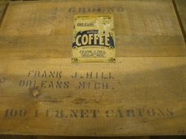 FANTASTIC COFFEE WOODEN SHIPPING CRATE FROM BOSTON MASS TO FRANK J HILL OF ORLEANS MICHIGAN,  HAS THE ORIGINAL PAPER LABEL.  RESEARCH PAPERWORK ON THE COFFEE COMPANY IS AT CHECK OUT AND GOES WITH THIS TRIPLE COLLECTIBLE PIECE OF HISTORY