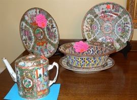 Exquisite Chinese “Rose Medallion” pieces, c. 1890-1915: plate, platter, punch bowl, open-work bowl