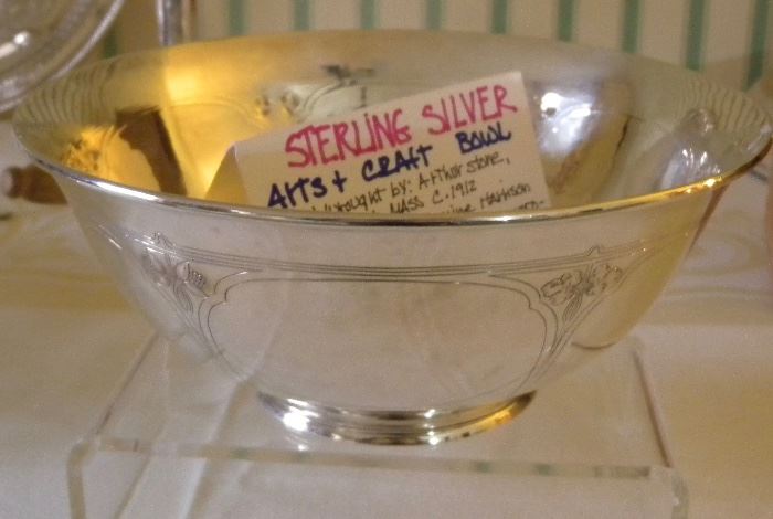 Sterling silver Arts & Craft bowl, hand wrought by Arthur Stone of Gardner Mass., c. 1910; finished by Benjamin Harrison