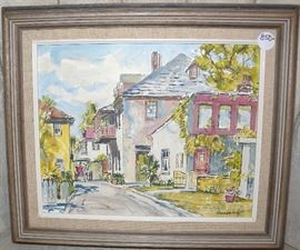 Street scene, oil on board, Emmett Fritz, 1917-1995 (Florida and New York); studied at Pratt Institute in New York and worked with Norman Rockwell