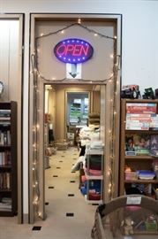 Notice our new 'OPEN' sign!  It's a reminder to not  miss our 'dressing room area'!  Packed full of linens (including quilts), LOTS of misc., an antique dressing table, a lane cedar hope chest, some gorgeous pillows, health/beauty, sewing, and MORE! 
