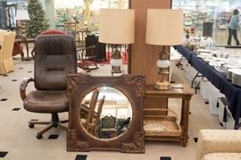 Leather office chair, also matching sofa and side tables (behind mirror and chair).