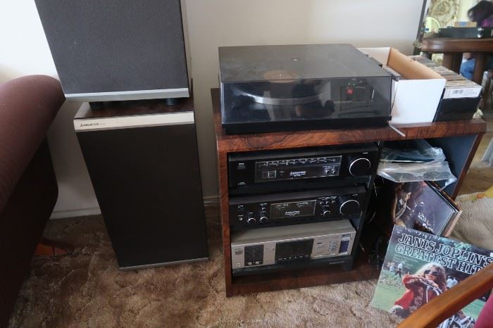 Vintage 1980s Mitsubishi stereo system, with Mitsubishi cabinet, speakers, turntable, components.  