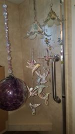 Hand Blown Purple Glass Ball, VERY UNIQUE Hanging Ornament with Glass Hummingbirds & another with Glass Flowers & Butterflies (Has space to add more beauties of your choice)