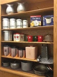 Large Collection of Pots, 
2 Vintage Canister Sets,
4 Vintage Hand Meat Grinders 