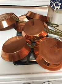 6 Vintage Copper Pans with Brass Handles