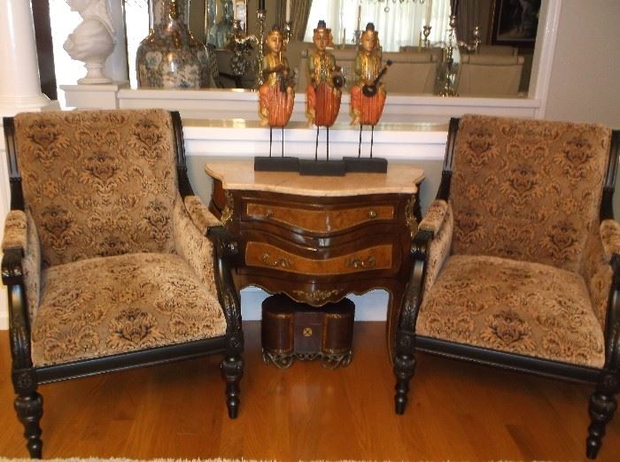 Pair of arm chairs and small bombay chest