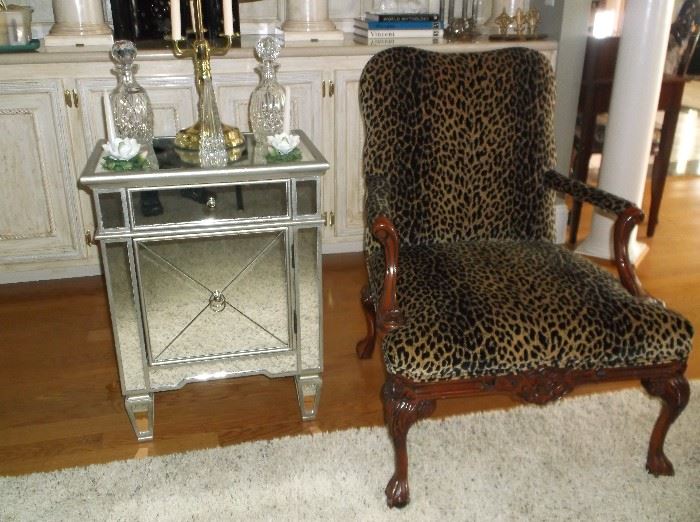 Leopard print side chair and mirrored side table 