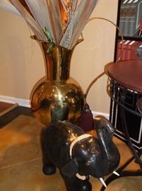 Leather elephant and very large brass urn