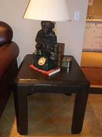 Leather side table w/gold trim and monkey lamp