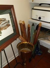 Brass champagne/wine cooler, paper parasols, roaster, and print on easel