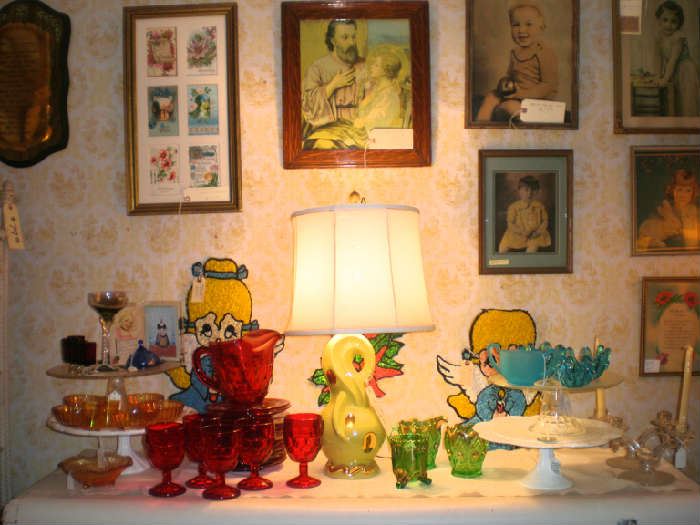 Wall art, colored glass including Georgian by Viking in red, MCM lamp, pedestal cake plates.