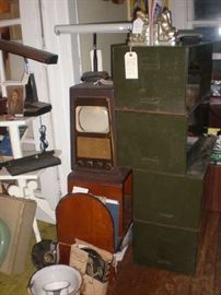 4 individual fix boxes to stack or use indivudually, 1949 suitcase portable television, bookends, enamel ware.