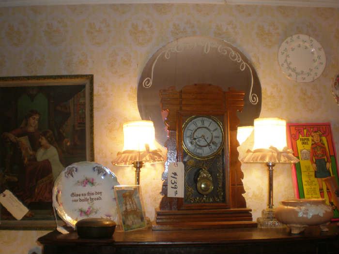 Oak standing kitchen clock, pair lamps, Amy Carter paper dolls NIB, weller pottery.