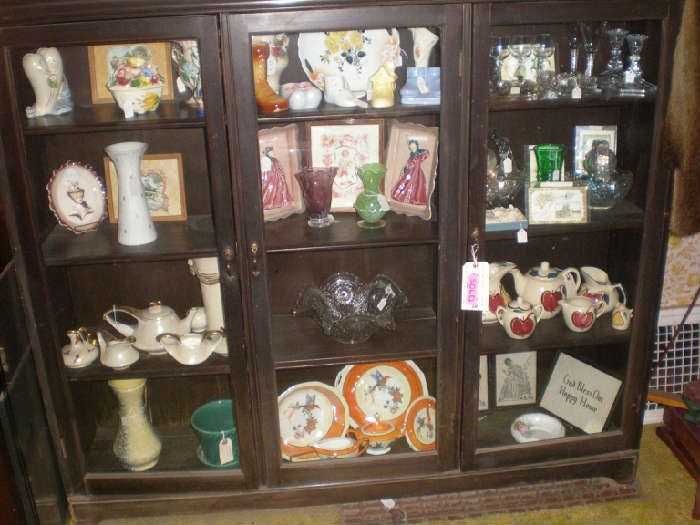 Two tea sets, art glass, crystal, pottery, lady plaques.