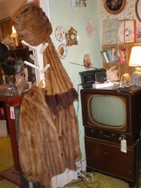 Fur jacket, muff and scarf. RCA Victor Television. wall pockets, boxed greeting cards.