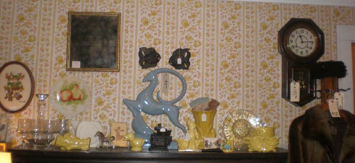 MCM Ram, yellow pottery, wall school house clock, decanter set witch etched ship.