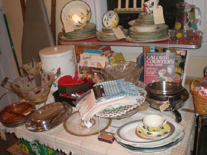 Chip n dip bowl, large canister, blue ridge dishes, revereware fry pans, platters, silver plate server.