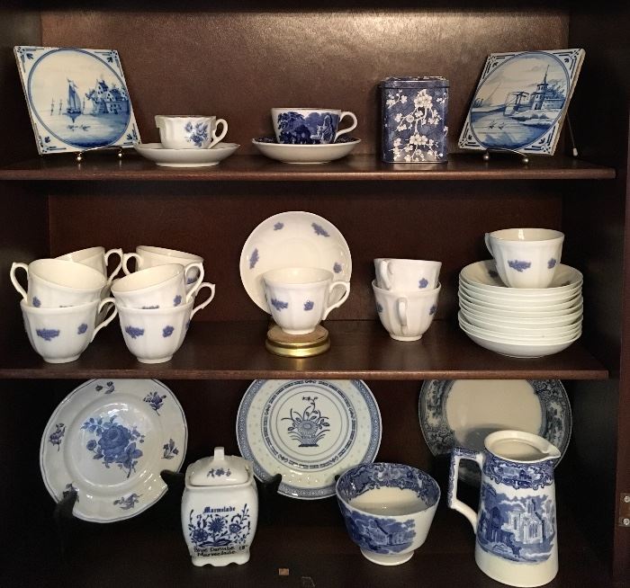 Blue and white transferware, 19th century Delft tiles, English teacups
