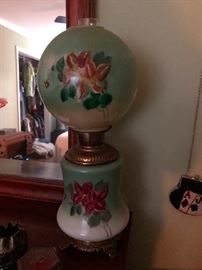 Vintage Hand Painted Globe Hurricane Lamp with a Floral Design