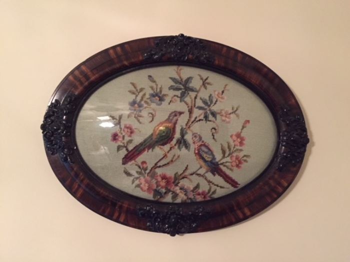 antique framed needlepoint birds