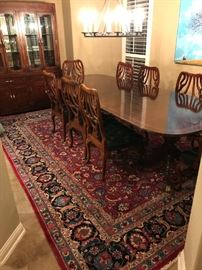 Beautiful antique 12ft double pedestal table as well as a vintage hutch and Handmade Persian rug (room size)
