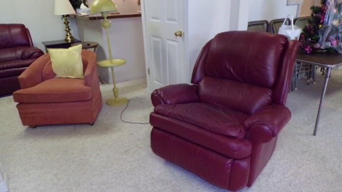 Matching leather Recliner, orange Chair Table floor Lamp, in Basement