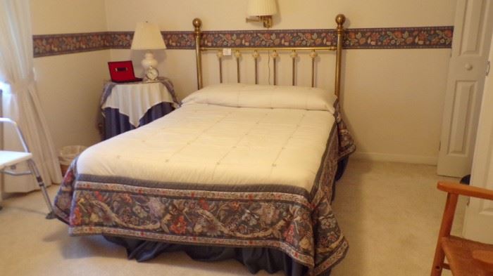 full size Brass Bed complete with Mattress, Box Springs, Frame, Bed Spread, Sheets and Pillows. Night Stand, Lamp   - upstairs