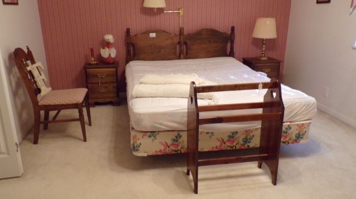 full size wood Headboard Bed complete with Mattress, Box Springs, & Frame ,  Quilt Rack,  1 of 2 matching Chairs, 2 Night Stands, Lamp, misc. - upstairs