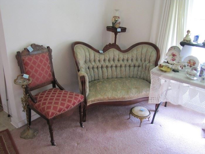 East Lake Chair and settee, with Victorian footstool, cast metal ashtray stand and plant stand