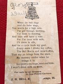 Bell's Mocha and Java Coffee "I don't want milk I want" Advertising with Poem on the back side