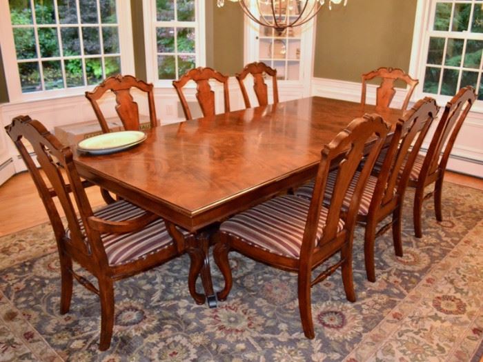 Double pedestal dining table with 8 chairs by Stanley Furniture