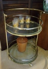 Retro Hollywood Regency glass and brass rolling cart - hi style!!