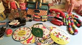 records - tin typewriter and telephone - big wooden beads - cool stuff!