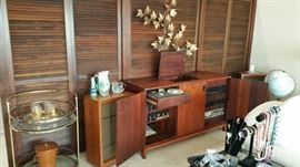WOW! the stereo console of the century - Heathkit with added components in Teak or Walnut console. Electro Voice speakers, Curtis Jere' style wall hanging, Hollywood regency style rolling brass and glass cart