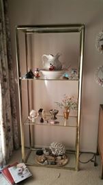 "brass and glass" etagere with misc collectibles - shells, etc