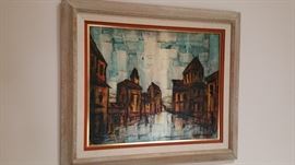 oil on canvas Mid Century painting with heavy texture - very cool and brooding...