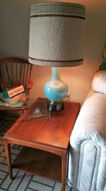 second of the Lane walnut side tables. very mid cen.  fun retro lamp with original ugly but matching shade.