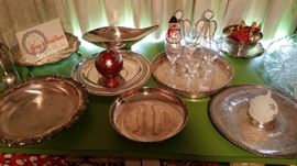 silver plate trays and stem ware