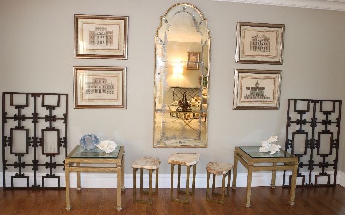 Pair Antique Window Grates, Antique Architectural Prints, Set of Petrified Wood Stands, Italian Mirror