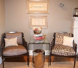 Pair of Minton Spidel Caned chairs, Modern Glass Waterfall table, Antique Archictural Prints