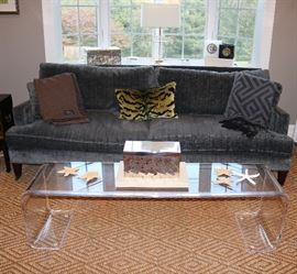 Lillian August Sofa, Modern Lucite Coffee Table