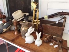 Remington, Bailey beaver western hats , trumpet, carpenter's chest with strap