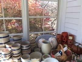 Crocks, baskets, seasonal decorations